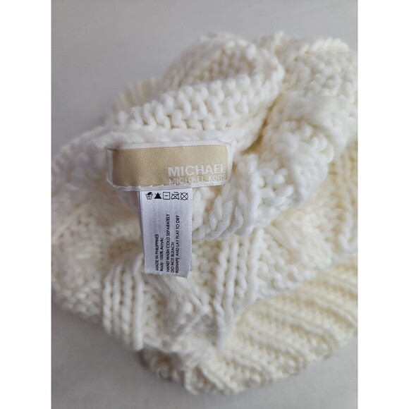 NWT MICHAEL KORS Cable Knit Cream Newsboy Beanie Cap Warm Hat 100% Acrylic Logo - Picture 5 of 6